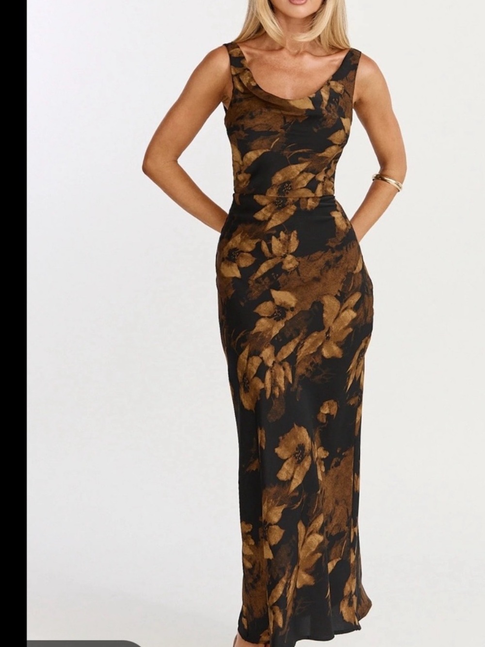 Showpo Black and Brown Floral Backless Maxi Dress